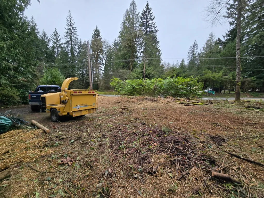 Wood chipper processing branches and wood chips on-site